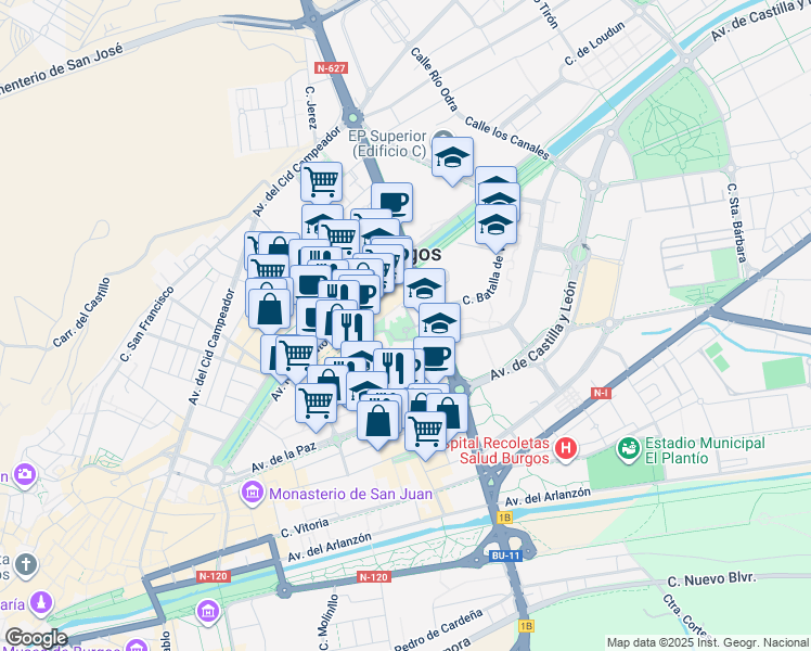 map of restaurants, bars, coffee shops, grocery stores, and more near 14 Calle Soria in Burgos