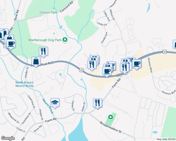 map of restaurants, bars, coffee shops, grocery stores, and more near 416 Boston Post Road East in Marlborough