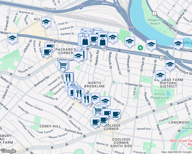 map of restaurants, bars, coffee shops, grocery stores, and more near in Brookline