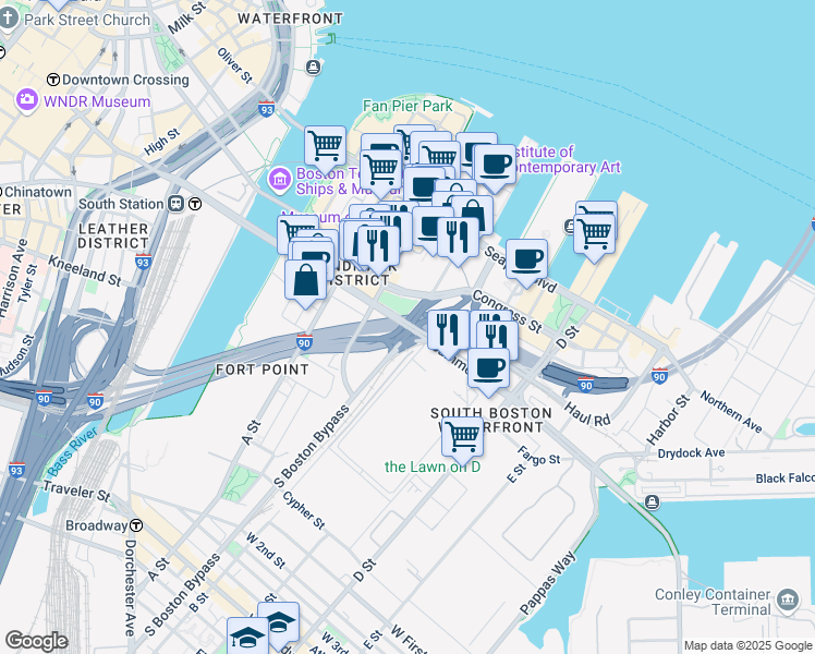 map of restaurants, bars, coffee shops, grocery stores, and more near Summer Street in Boston