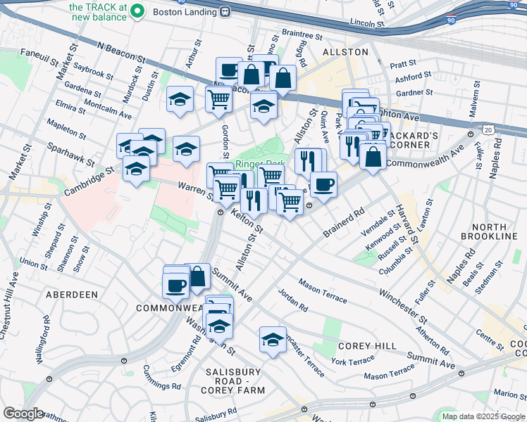 map of restaurants, bars, coffee shops, grocery stores, and more near Allston Street in Allston