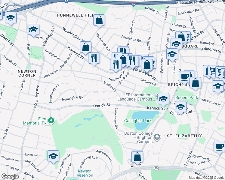 map of restaurants, bars, coffee shops, grocery stores, and more near 135 Huntington Road in Boston