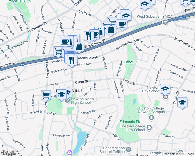 map of restaurants, bars, coffee shops, grocery stores, and more near 299 Cabot Street in Newton