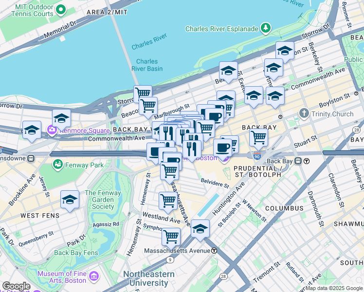 map of restaurants, bars, coffee shops, grocery stores, and more near 959 Boylston Street in Boston