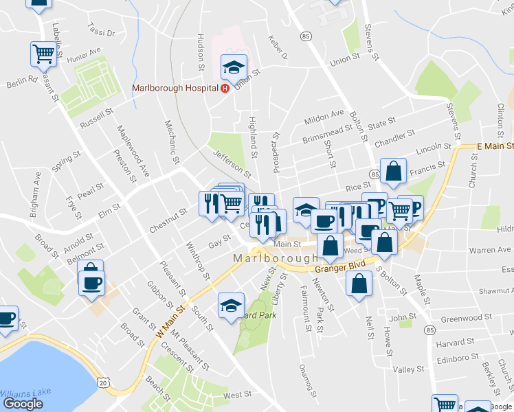 map of restaurants, bars, coffee shops, grocery stores, and more near 23 Central Street in Marlborough