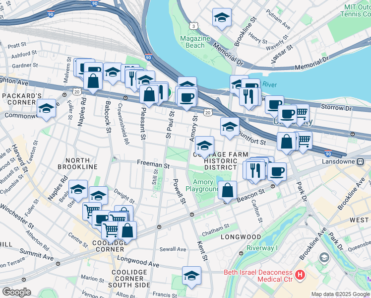 map of restaurants, bars, coffee shops, grocery stores, and more near 303 Saint Paul Street in Brookline