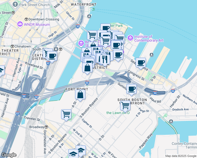 map of restaurants, bars, coffee shops, grocery stores, and more near Fort Point Channel Tunnel in Boston