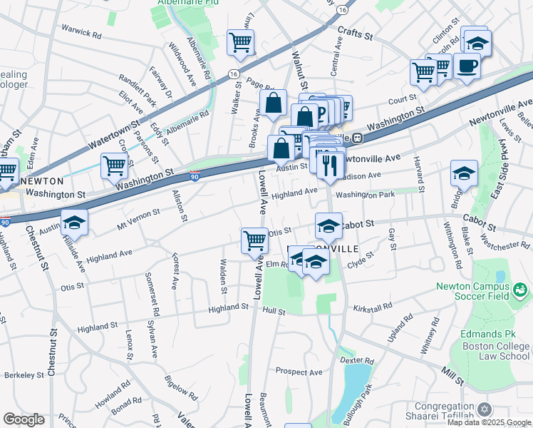 map of restaurants, bars, coffee shops, grocery stores, and more near 269 Lowell Avenue in Newton