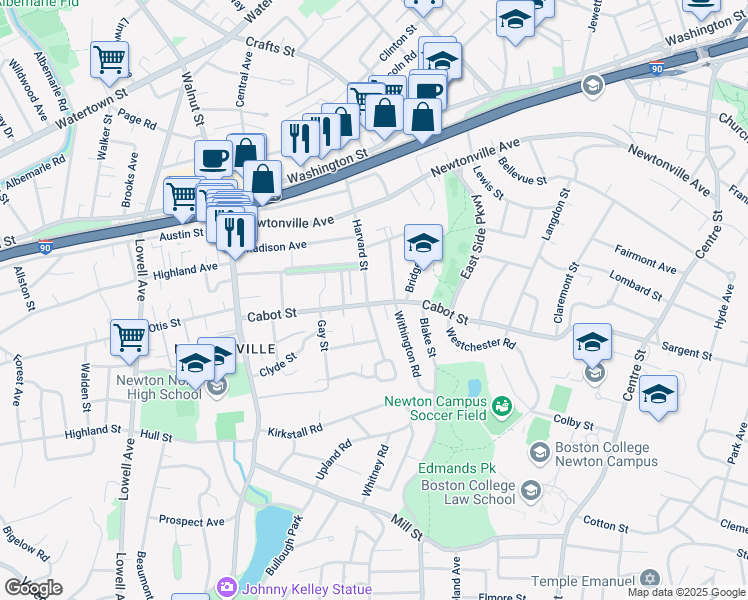 map of restaurants, bars, coffee shops, grocery stores, and more near 262 Cabot Street in Newton