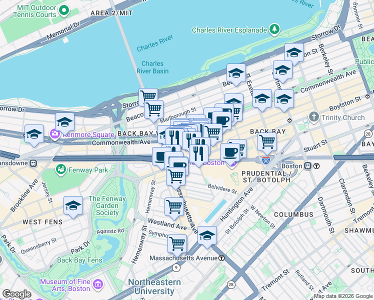 map of restaurants, bars, coffee shops, grocery stores, and more near 334 Newbury Street in Boston