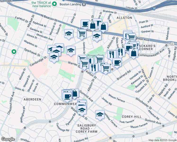map of restaurants, bars, coffee shops, grocery stores, and more near 153 Kelton Street in Boston