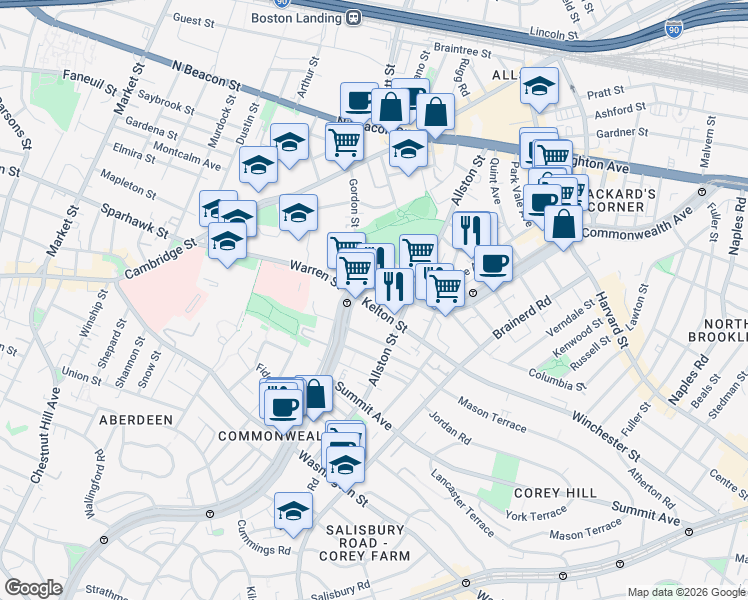 map of restaurants, bars, coffee shops, grocery stores, and more near 164 Kelton Street in Boston