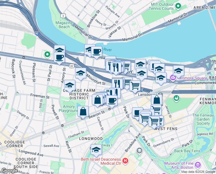 map of restaurants, bars, coffee shops, grocery stores, and more near 7 Euston Street in Brookline