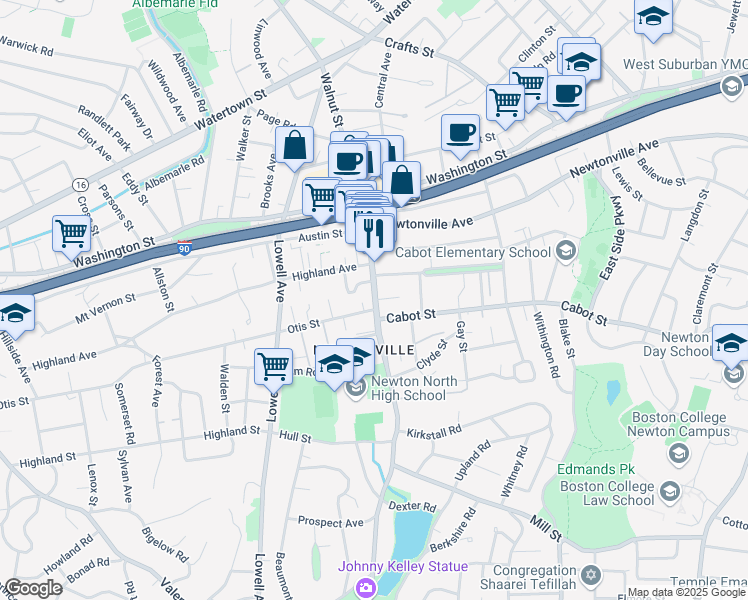 map of restaurants, bars, coffee shops, grocery stores, and more near Walnut Street in Newton