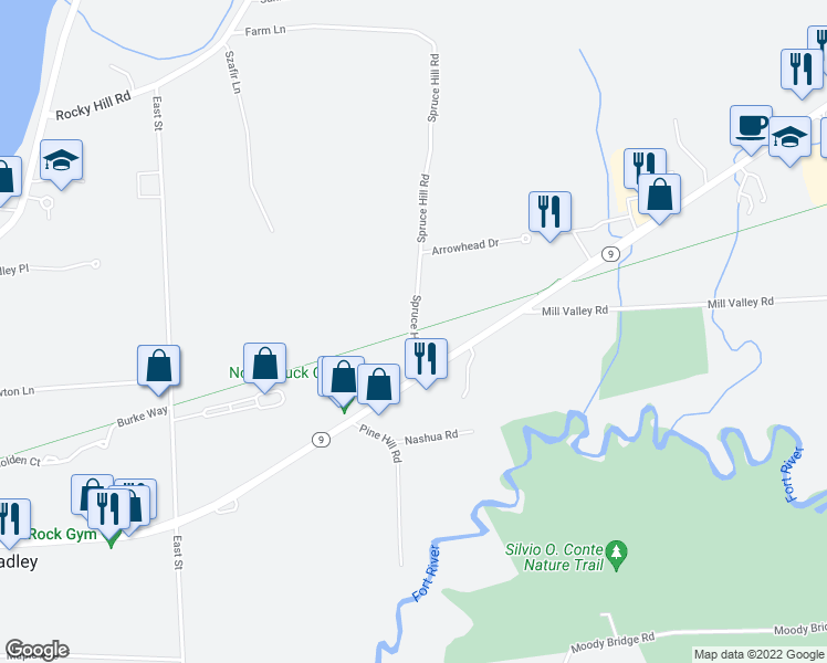 map of restaurants, bars, coffee shops, grocery stores, and more near Norwottuck Rail Trail in Hadley