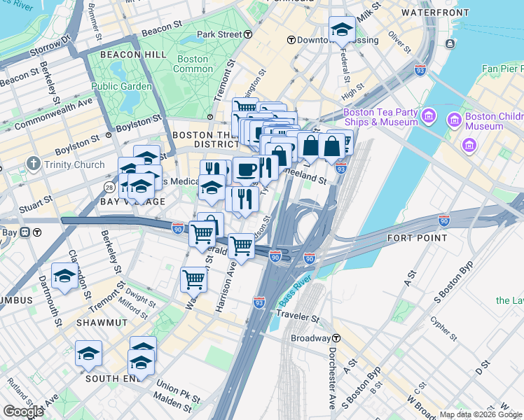 map of restaurants, bars, coffee shops, grocery stores, and more near 88 Hudson Street in Boston