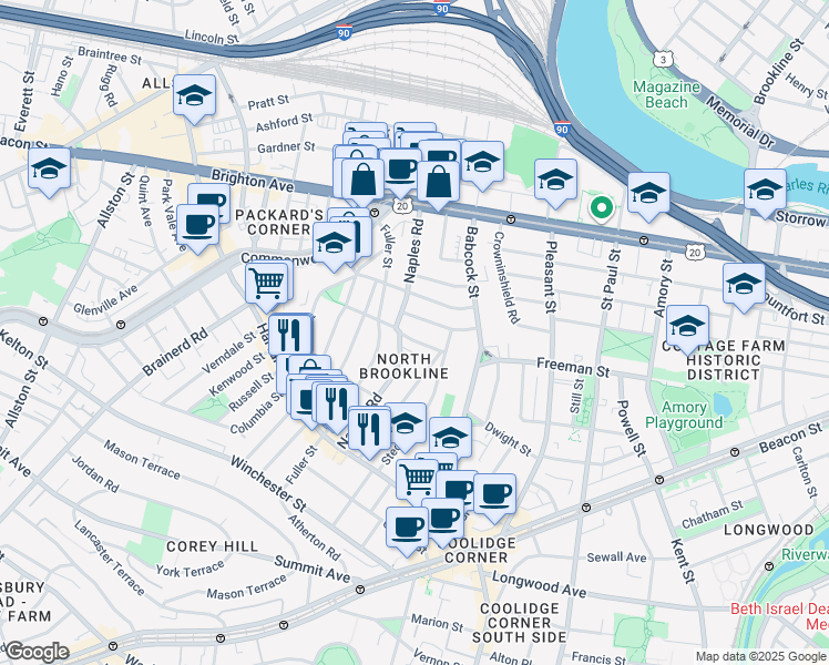 map of restaurants, bars, coffee shops, grocery stores, and more near in Brookline