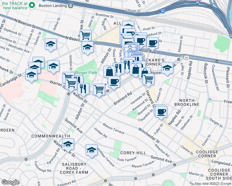 map of restaurants, bars, coffee shops, grocery stores, and more near 27 Griggs Street in Boston
