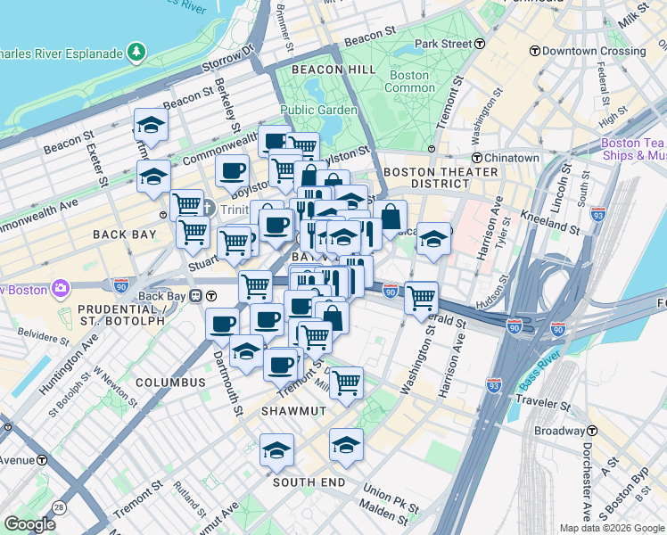 map of restaurants, bars, coffee shops, grocery stores, and more near in Boston