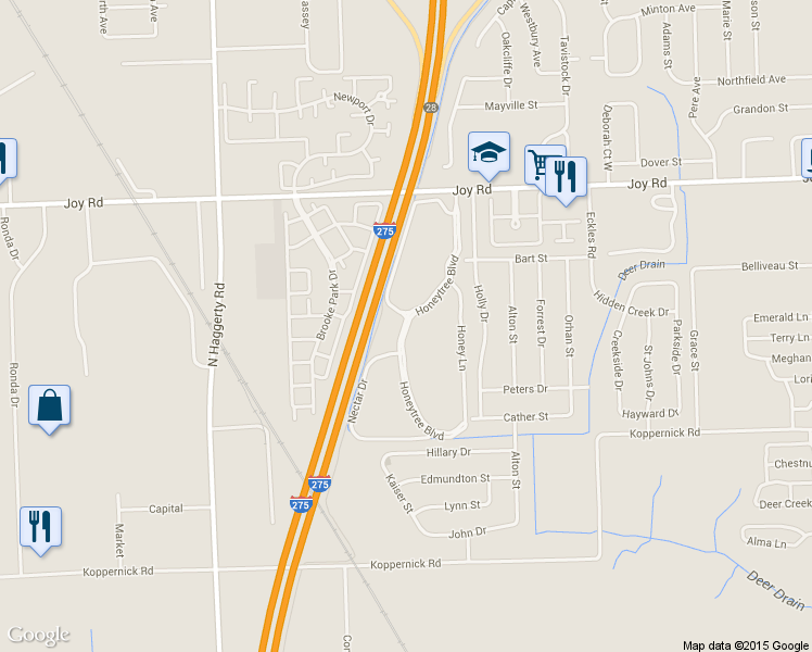 map of restaurants, bars, coffee shops, grocery stores, and more near 8360 Honeytree Boulevard in Canton