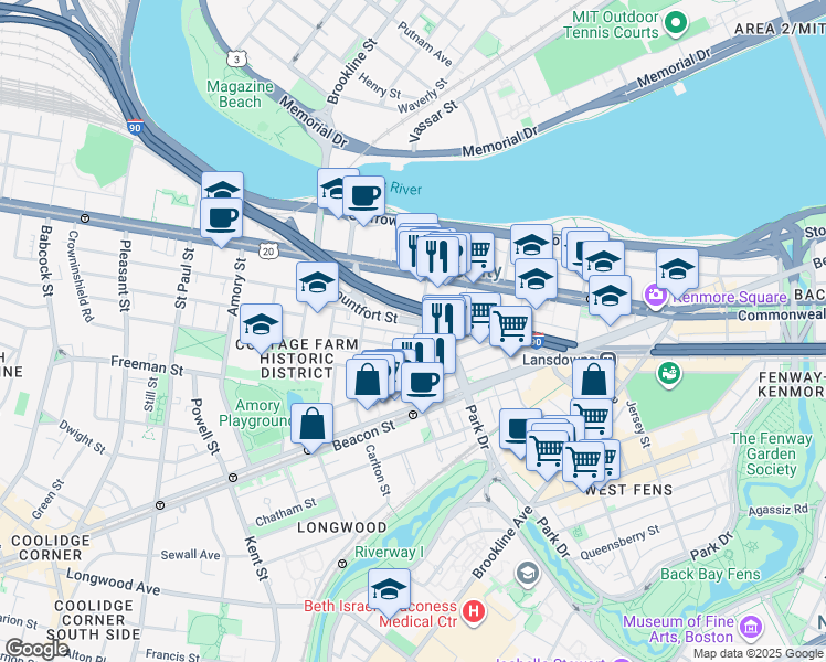map of restaurants, bars, coffee shops, grocery stores, and more near 47 Saint Marys Street in Brookline