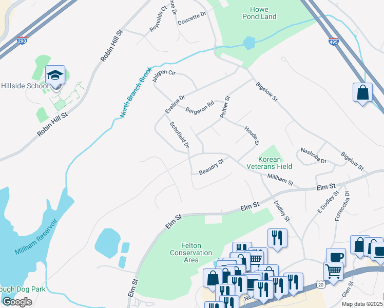 map of restaurants, bars, coffee shops, grocery stores, and more near 215 Millham Street in Marlborough