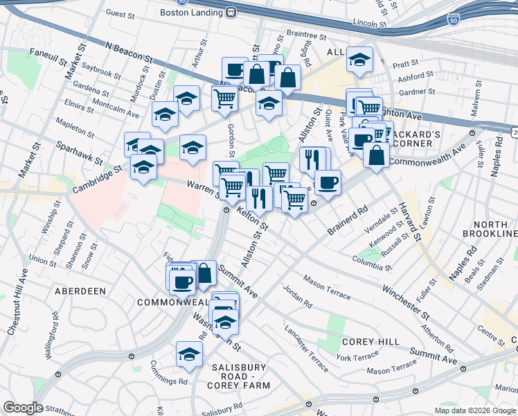 map of restaurants, bars, coffee shops, grocery stores, and more near 153 Kelton Street in Boston