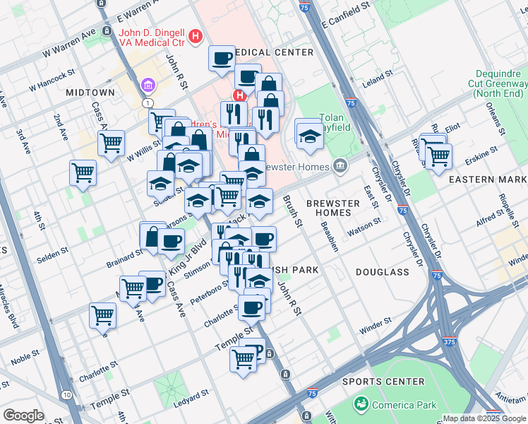 map of restaurants, bars, coffee shops, grocery stores, and more near 3500 John R Street in Detroit