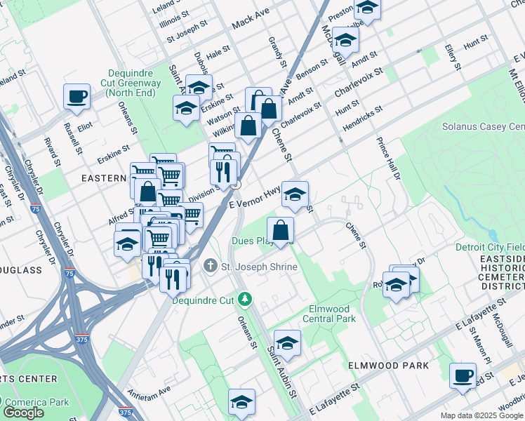 map of restaurants, bars, coffee shops, grocery stores, and more near 2150 East Vernor Highway in Detroit