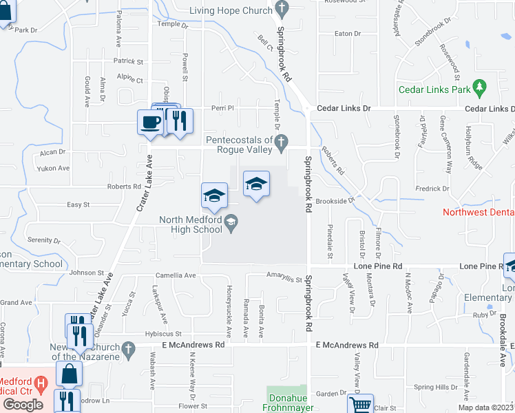 map of restaurants, bars, coffee shops, grocery stores, and more near 1900 North Keeneway Drive in Medford