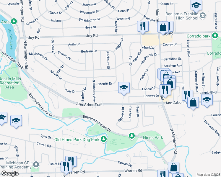 map of restaurants, bars, coffee shops, grocery stores, and more near 32168 Meridian Drive in Westland