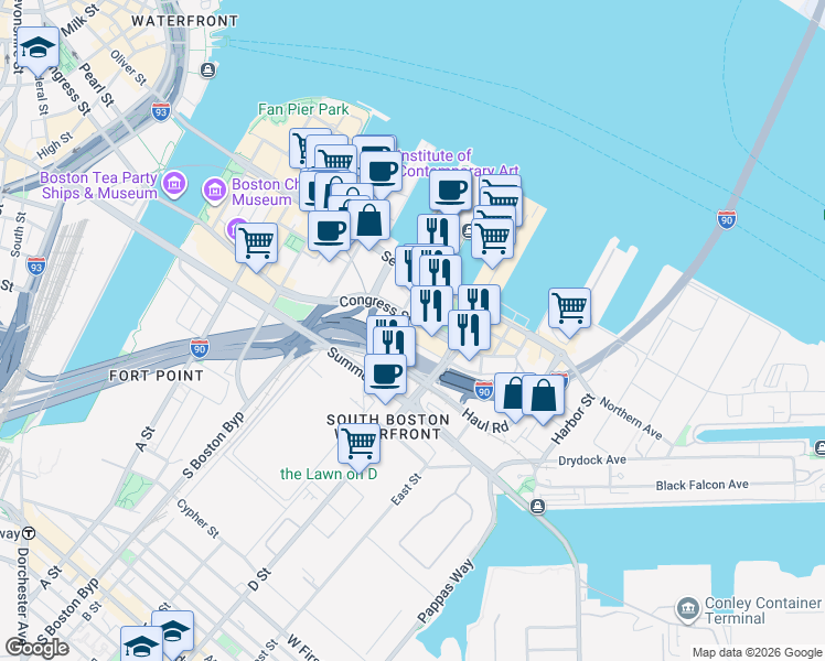 map of restaurants, bars, coffee shops, grocery stores, and more near 501 Congress Street in Boston