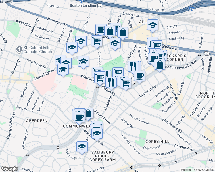 map of restaurants, bars, coffee shops, grocery stores, and more near 153 Kelton Street in Boston