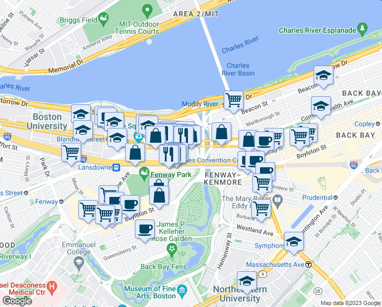map of restaurants, bars, coffee shops, grocery stores, and more near 533 Newbury Street in Boston