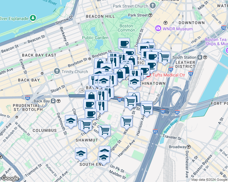 map of restaurants, bars, coffee shops, grocery stores, and more near 3 Church Street in Boston