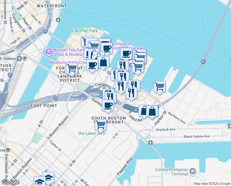 map of restaurants, bars, coffee shops, grocery stores, and more near 505 Congress Street in Boston