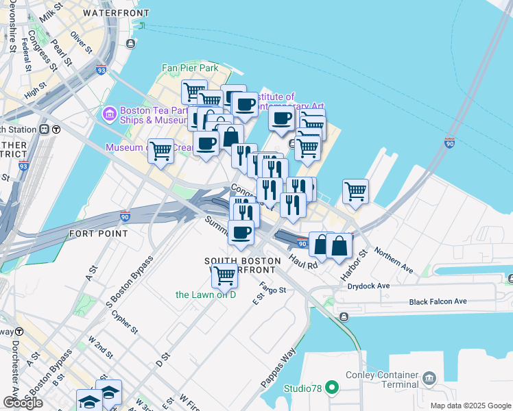 map of restaurants, bars, coffee shops, grocery stores, and more near 505 Congress Street in Boston