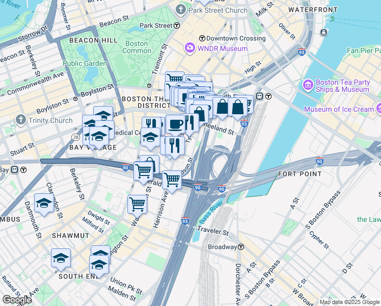 map of restaurants, bars, coffee shops, grocery stores, and more near 88 Hudson Street in Boston