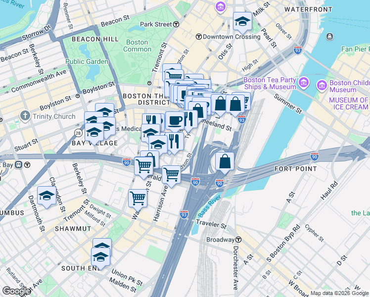 map of restaurants, bars, coffee shops, grocery stores, and more near 88 Hudson Street in Boston