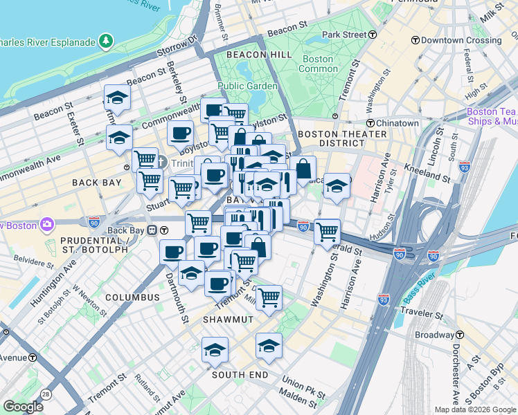 map of restaurants, bars, coffee shops, grocery stores, and more near in Boston
