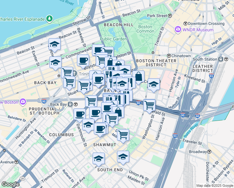 map of restaurants, bars, coffee shops, grocery stores, and more near in Boston