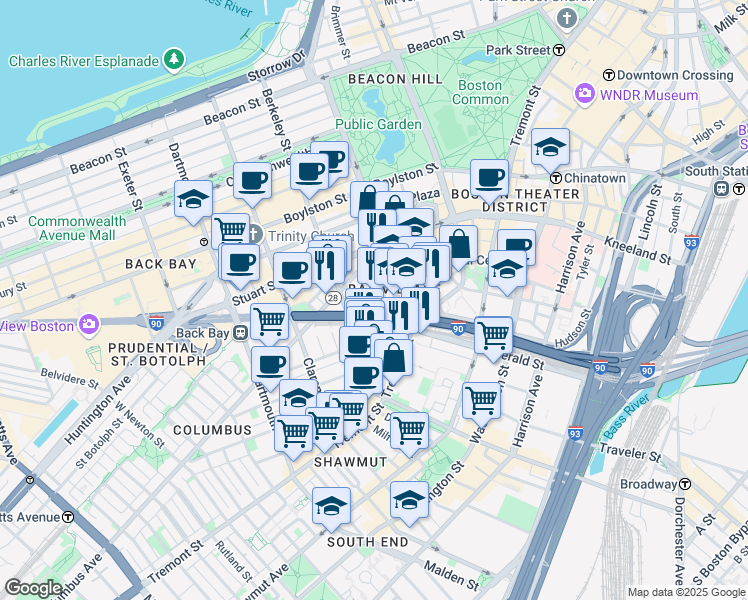 map of restaurants, bars, coffee shops, grocery stores, and more near in Boston