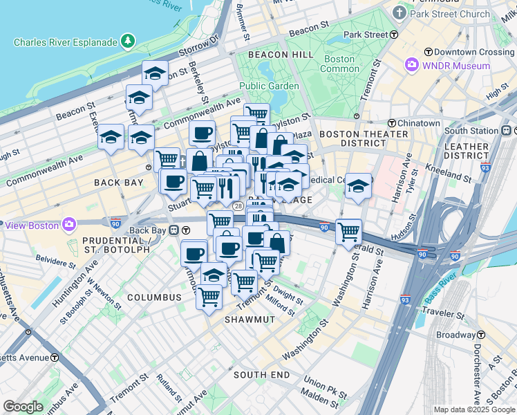 map of restaurants, bars, coffee shops, grocery stores, and more near 108 Berkeley Street in Boston