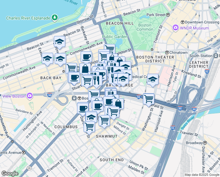 map of restaurants, bars, coffee shops, grocery stores, and more near 108 Berkeley Street in Boston