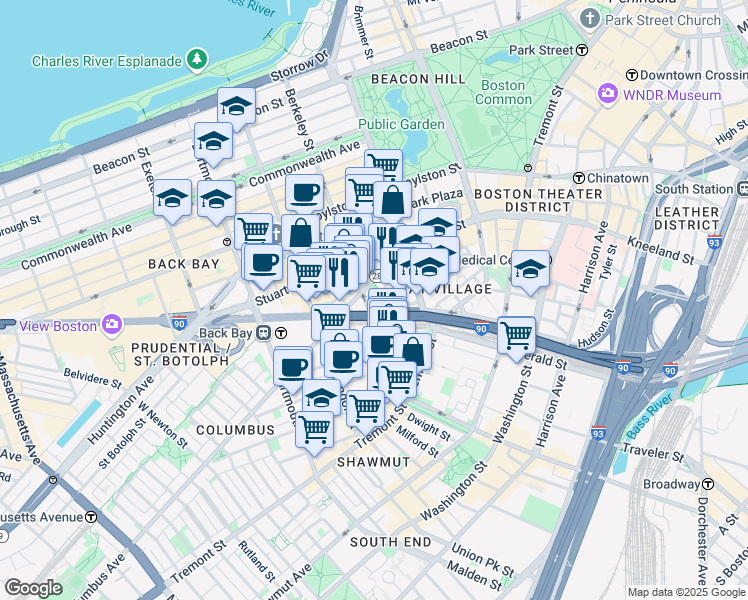 map of restaurants, bars, coffee shops, grocery stores, and more near 108 Berkeley Street in Boston