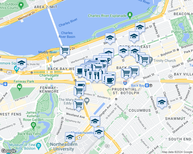 map of restaurants, bars, coffee shops, grocery stores, and more near 927 Boylston Street in Boston