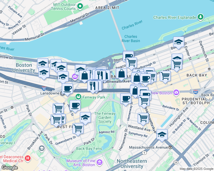 map of restaurants, bars, coffee shops, grocery stores, and more near 20 Charlesgate West in Boston