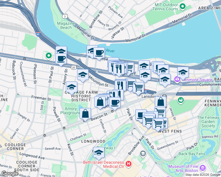 map of restaurants, bars, coffee shops, grocery stores, and more near 7 Euston Street in Brookline