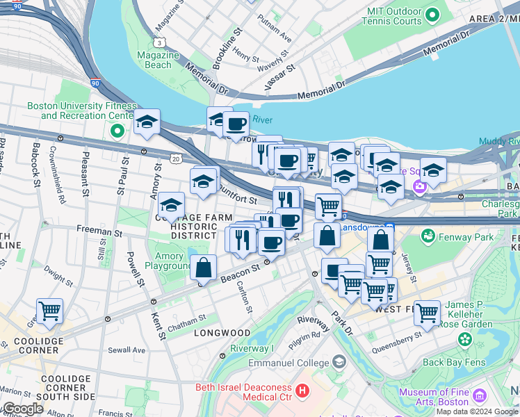 map of restaurants, bars, coffee shops, grocery stores, and more near 7 Euston Street in Brookline
