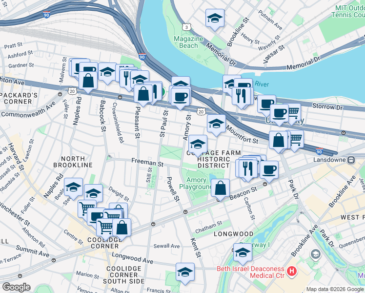 map of restaurants, bars, coffee shops, grocery stores, and more near 303 Saint Paul Street in Brookline